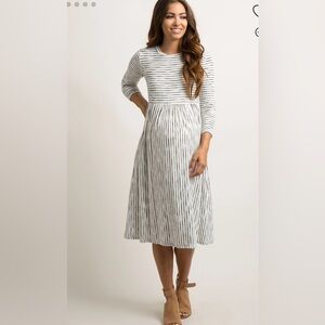 Pink Blush Ivory Ribbed Striped Maternity Midi Dress